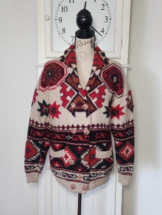 Vintage Sweaters - Vintage Red and Cream Geometric Shawl Collar Cardigan